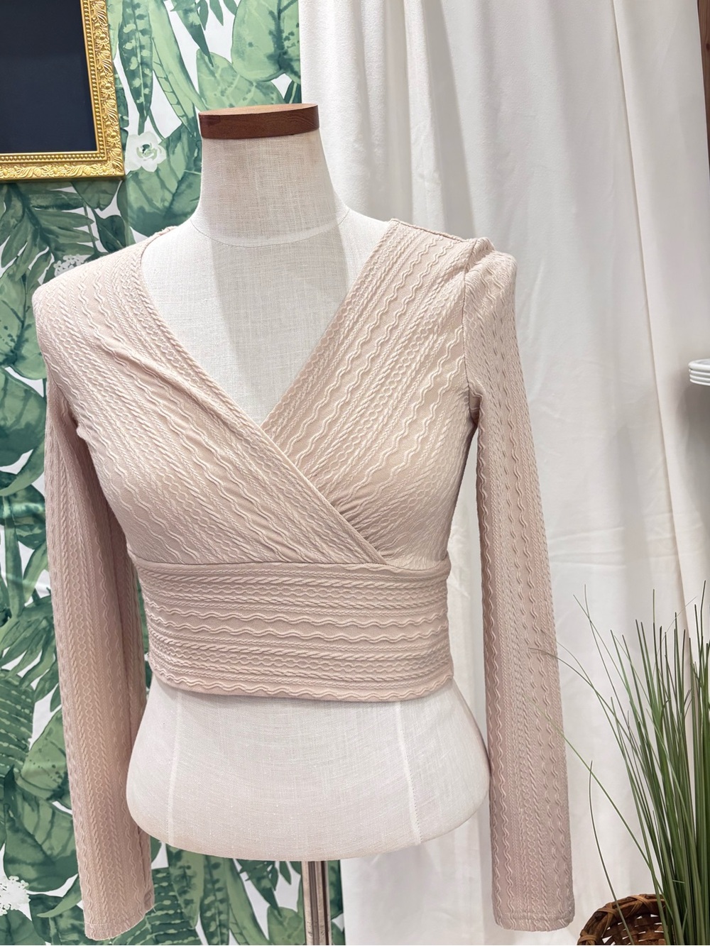 Women's Beige Wrap-Style Long Sleeve Top